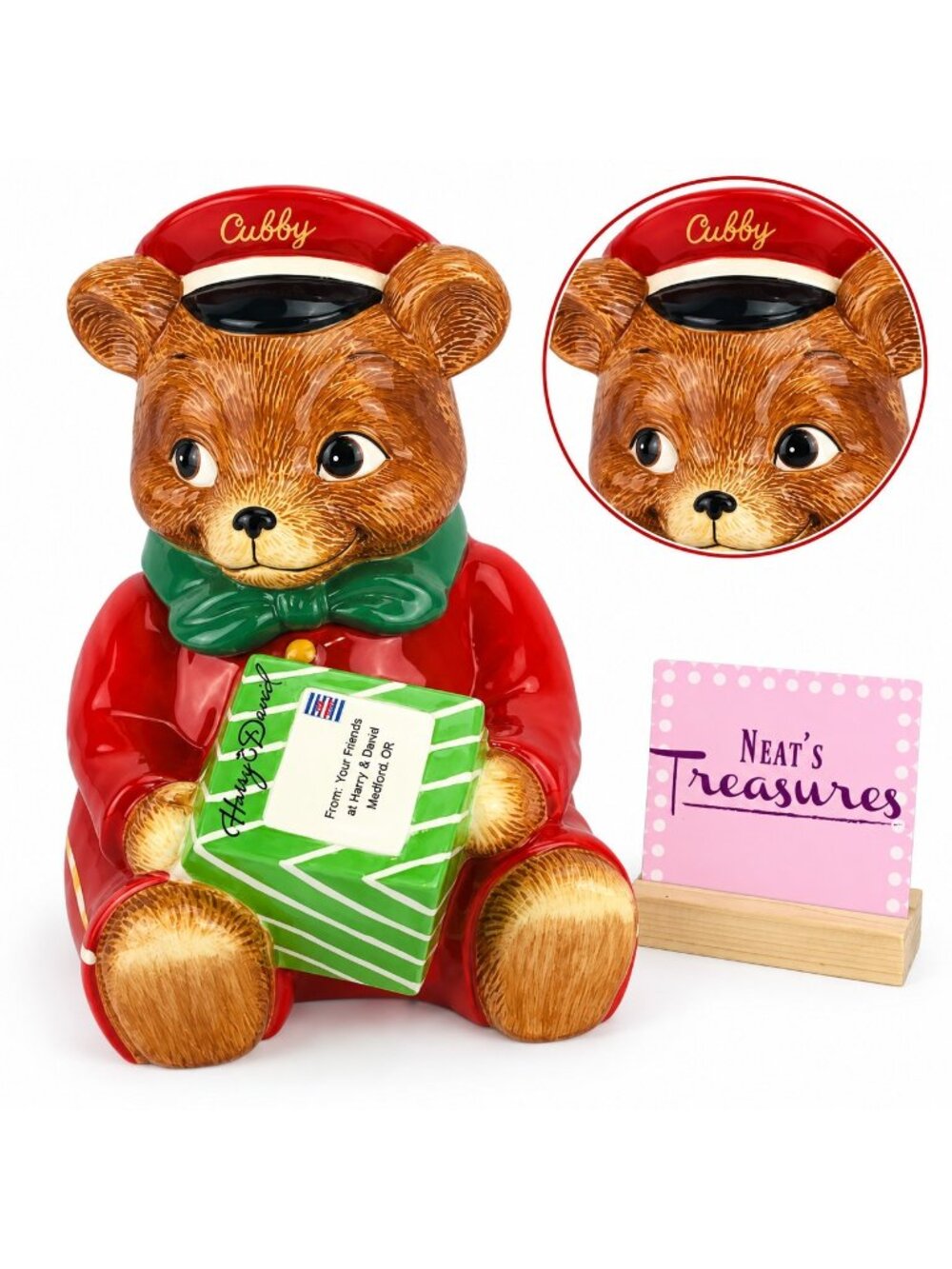 2010 Harry And David CUBBY Bear Red Outfit Green Gift Box Ceramic Cookie Jar